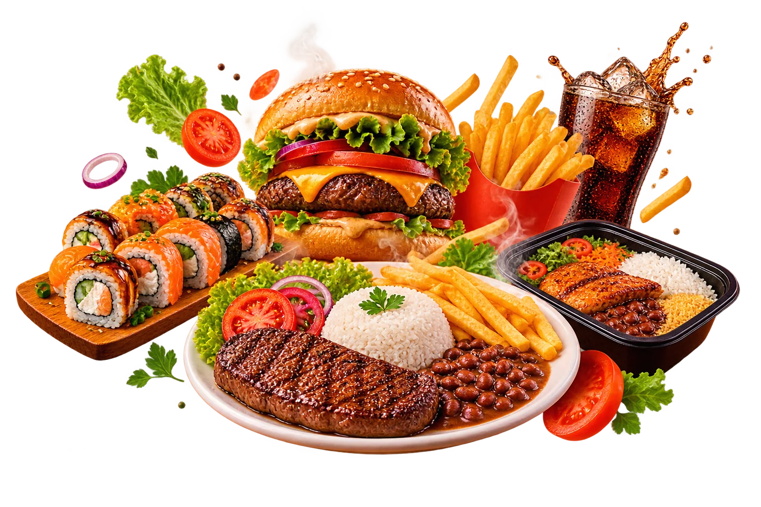 Hambúrguer, sushi, marmita, batata frita e refrigerante servidos juntos