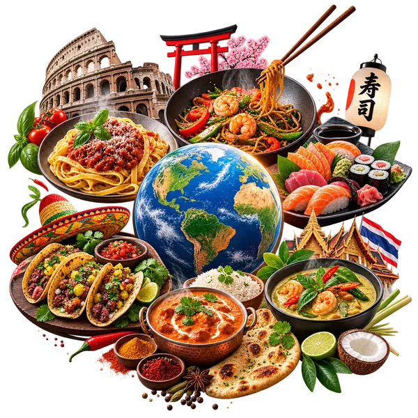 Colagem de pratos de vários países em volta de um globo: massa, sushi, tacos, curry e macarrão salteado