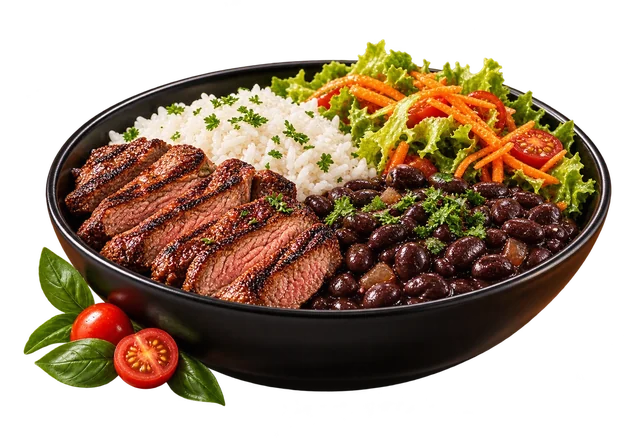 Refeição com arroz, feijão, carne grelhada e salada