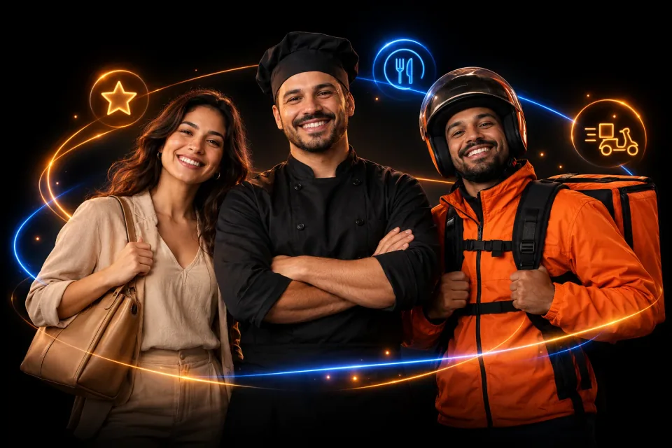 Cliente, chef e entregador conectados por órbitas de luz laranja e azul