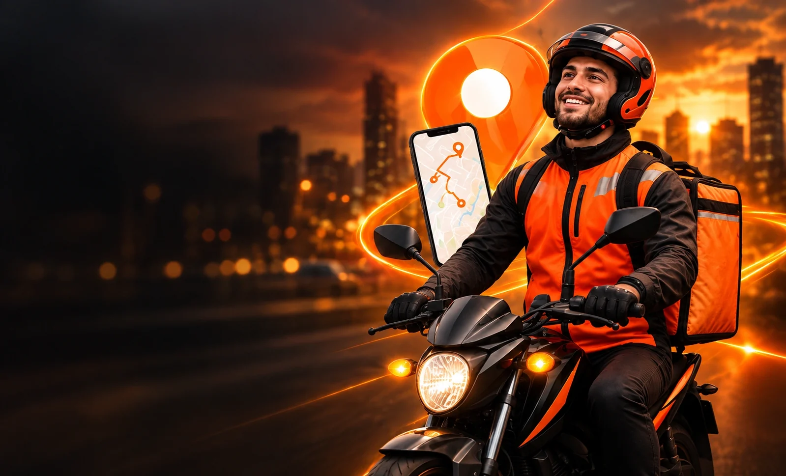 Entregador com uniforme laranja em sua motocicleta